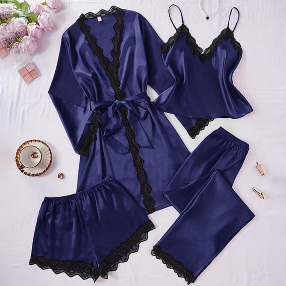 Womens 4 Piece Pajama Sets Plus Size Satin Sleepwear Lace Trim Sexy Loungewear Nightgowns Comfy for Women Casual Matching Pj Set