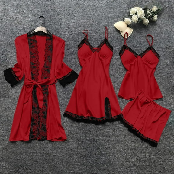 Womens 4 Piece Pjs Set ,Soft Silk Pajama Sets Lace Robe Dress Cami Tops Shorts Pajamas Set Red XXL