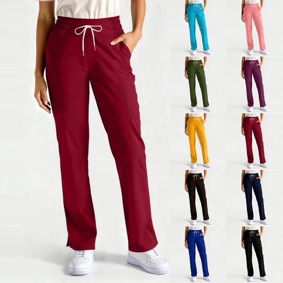 Womens 4-Way Stretch Scrub Pants Drawstring Mid Rise Straight Leg Nursing Trousers Soft Breathable Functional Side Pockets Healthcare Casual Bottoms,S,#03 Wine