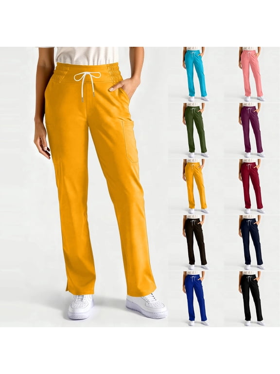 Womens Straight Leg Scrub Pants Drawstring Mid Rise Nursing Uniform 4-Way Stretch Soft Healthcare Professional Bottoms with Functional Pockets ,L,#01 Yellow