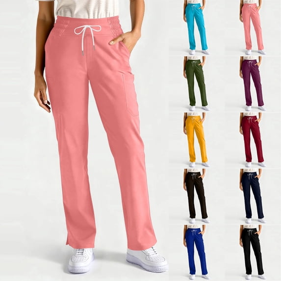 Womens 4-Way Stretch Scrub Pants Drawstring Mid Rise Straight Leg Nursing Trousers Soft Breathable Functional Side Pockets Healthcare Casual Bottoms,XXL,#03 Pink