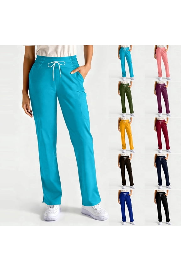 Womens 4-Way Stretch Scrub Pants Drawstring Mid Rise Straight Leg Nursing Trousers Soft Breathable Functional Side Pockets Healthcare Casual Bottoms,L,#03 Turquoise