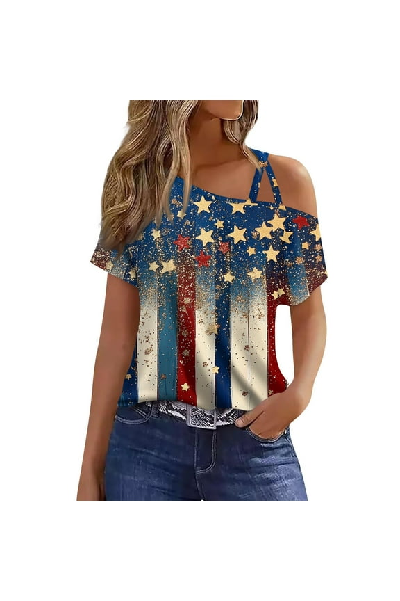 Womens 4Th Of July Outfit, Summer Casual Cold Shoulder Sexy Short Sleeve T-Shirt American Flag Top Flowy Red White And Blue Shirts For Women Tops Shirt Outfit (M, Blue) ZMTing