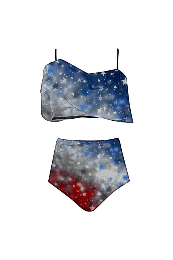 Womens 4Th of July Patriotic Swimsuit Separate Sexy Bikini Sets Spaghetti Strap Sleeveless Shirts Cropped Ruffled Bikni See High Waisted Put On Strech Solid Bathing Swimwear Triangle Bathing Suit