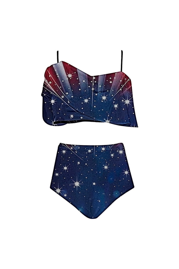 Womens 4Th of July Patriotic Swimsuit Separate Sexy Bikini Sets Spaghetti Strap Sleeveless Shirts Cropped Ruffled Bikni See High Waisted Put On Strech Solid Bathing Swimwear Triangle Bathing Suit