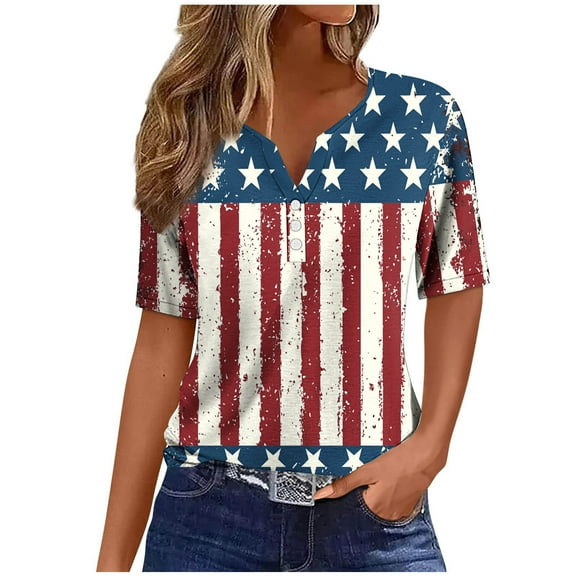 Womens 4Th Of July Patriotic T-Shirts，Summer Independence Day Tee Shirts for Womens American Flag Printed Tunic Top Henley Neck Tees Front Button Short Sleeve Tops Beach Holiday Usa Flag Star Blouses