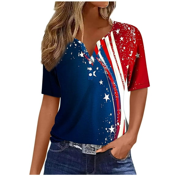 Womens 4Th Of July Patriotic T-Shirts，Summer Independence Day Tee Shirts for Womens American Flag Printed Tunic Top Henley Neck Tees Front Button Short Sleeve Tops Beach Holiday Usa Flag Star Blouses