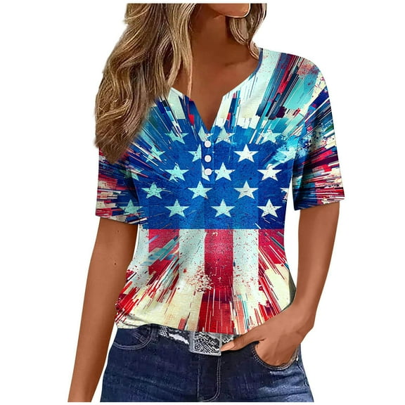 Womens 4Th Of July Patriotic T-Shirts，Summer Independence Day Tee Shirts for Womens American Flag Printed Tunic Top Henley Neck Tees Front Button Short Sleeve Tops Beach Holiday Usa Flag Star Blouses