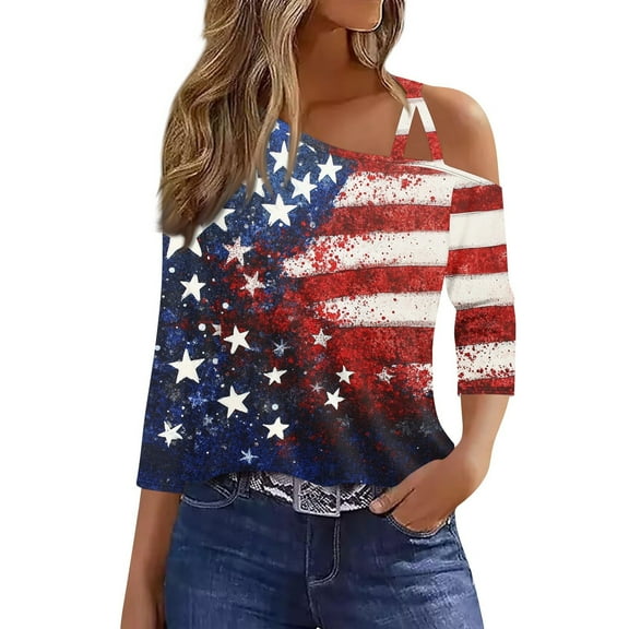 Womens 4Th Of July Shirt, Summer Casual Cold Shoulder Sexy Short Sleeve T-Shirt Top Royal Blue Women Flowy Tops Shirts Pride Outfits For Shirt Tops Outfits Tops (XXL, Deep Red) ZMTing