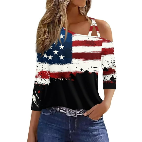 Womens 4Th Of July Shirt, Summer Casual Cold Shoulder Sexy Short Sleeve T-Shirt Top Royal Blue Women Outfits Tops Red White And American Flag Tank Top Tank Outfit Top Outfits (S, Black) ZMTing