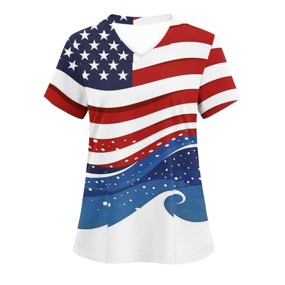 Womens 4Th of July Summer Scrub Tops Independence Day Workwear Protective Shirts V Neck Tee Short Sleeve Tops Soft Stretch Tunic Blouses USA Flag Star Patriotic T Shirts