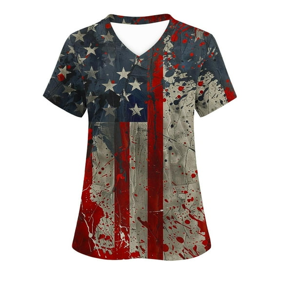 Womens 4Th of July Summer Scrub Tops Independence Day Workwear Protective Shirts V Neck Tee Short Sleeve Tops Soft Stretch Tunic Blouses USA Flag Star Patriotic T Shirts