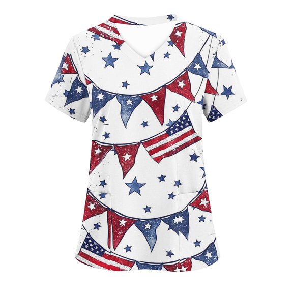 Womens 4Th of July Summer Scrub Tops Independence Day Workwear Protective Shirts V Neck Tee Short Sleeve Tops Soft Stretch Tunic Blouses USA Flag Star Patriotic T Shirts