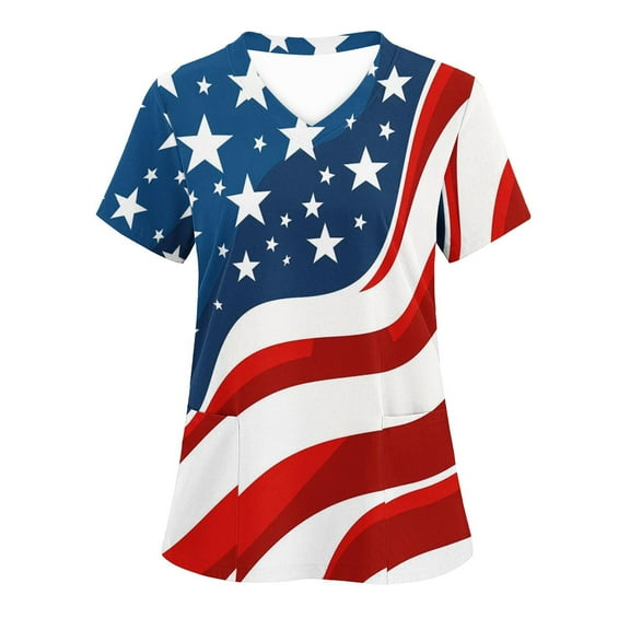 Womens 4Th of July Summer Scrub Tops Independence Day Workwear Protective Shirts V Neck Tee Short Sleeve Tops Soft Stretch Tunic Blouses USA Flag Star Patriotic T Shirts