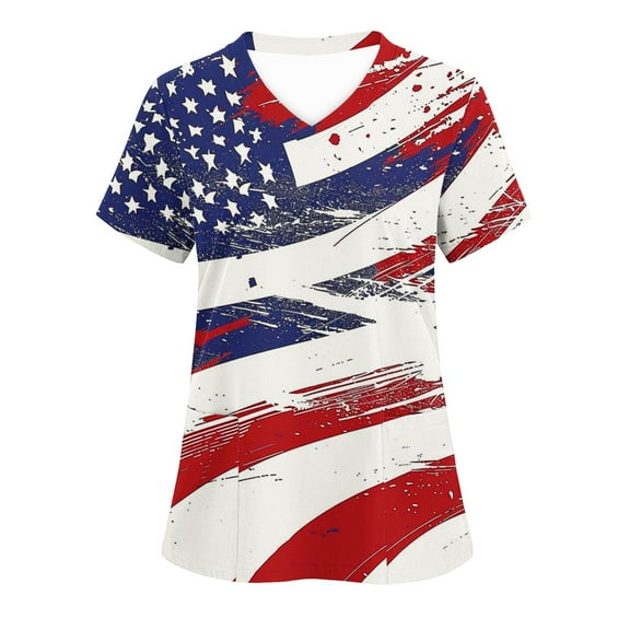 Womens 4Th of July Summer Scrub Tops Independence Day Workwear Protective Shirts V Neck Tee Short Sleeve Tops Soft Stretch Tunic Blouses USA Flag Star Patriotic T Shirts