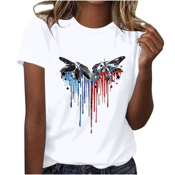 Womens 4Th of July Summer T-Shirts Round Neck Short Sleeve Tops American Flag Printed Tunic Tops Pullover Sweater Blouses Patriotic T-Shirts Retro Dressy Tops Shirt Going Out Beach Outfits