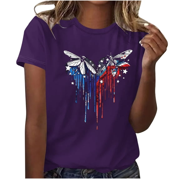 Womens 4Th of July Summer T-Shirts Round Neck Short Sleeve Tops American Flag Printed Tunic Tops Pullover Sweater Blouses Patriotic T-Shirts Retro Dressy Tops Shirt Going Out Beach Outfits
