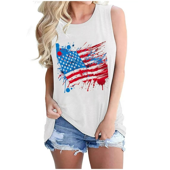 Womens 4Th of July Summer Tank Tops Round Neck Tee Sleeveless Shirts USA Flag Star Printed Patriotic Tee Shirts Slim Fitted Dressy Shirts Camisole Slim Fitted Vest Workout Beach Holiday Camis