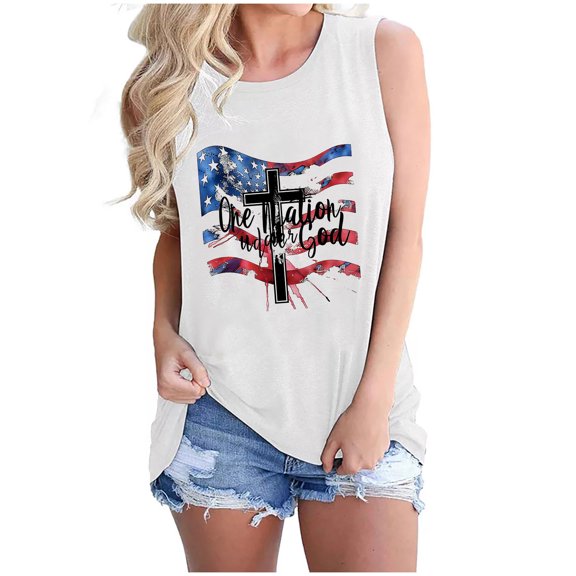 Womens 4Th of July Summer Tank Tops Round Neck Tee Sleeveless Shirts USA Flag Star Printed Patriotic Tee Shirts Slim Fitted Dressy Shirts Camisole Slim Fitted Vest Workout Beach Holiday Camis
