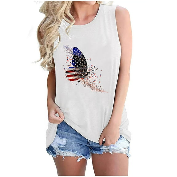 Womens 4Th of July Summer Tank Tops Round Neck Tee Sleeveless Shirts USA Flag Star Printed Patriotic Tee Shirts Slim Fitted Dressy Shirts Camisole Slim Fitted Vest Workout Beach Holiday Camis