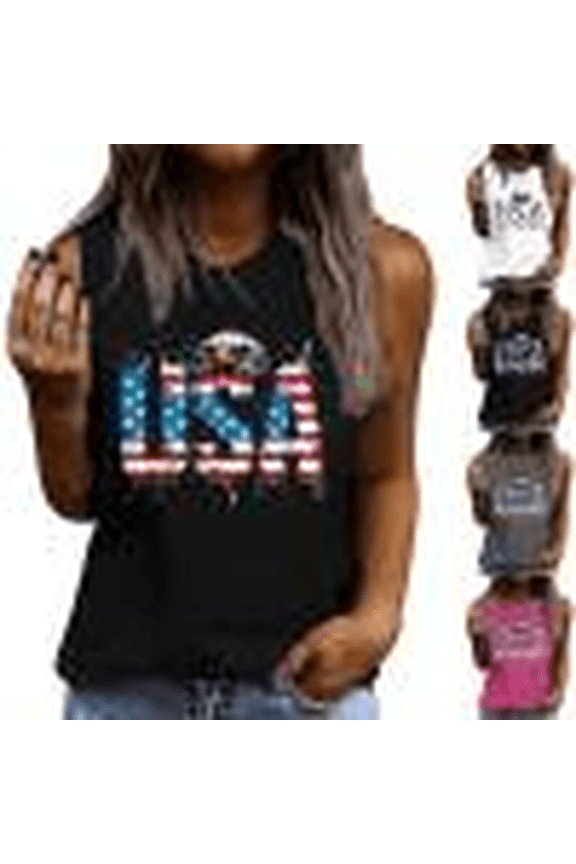 Womens 4Th Of July Summer Tank Tops Round Neck Tee Sleeveless Shirts Usa Flag Star Printed Camisole Baggy Boho Dressy Shirts Vacation Beach Party Camis Vest