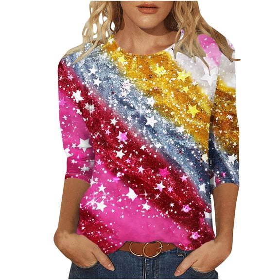 Womens 4Th of July Summer Tops Color Block T-Shirts USA Flag Star Stripe Top Round Neck 3/4 Sleeve Shirts CaUSAl Retro Independence Day Tunic Blouses Beach Holiday Outfits 2025