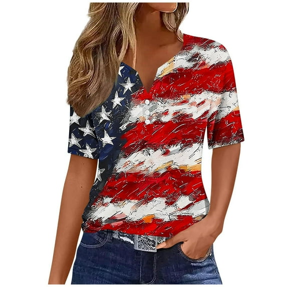 Womens 4Th of July Summer Tops Henley Neck Tee Short Sleeve T Shirts Pullover Sweater Blouses Usa Flag Star Stripe Top Vintage Causal T-Shirts Holiday Beach Party Outfits