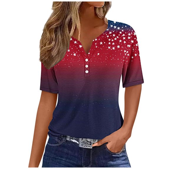Womens 4Th of July Summer Tops Henley Neck Tee Short Sleeve T Shirts Pullover Sweater Blouses Usa Flag Star Stripe Top Vintage Causal T-Shirts Holiday Beach Party Outfits