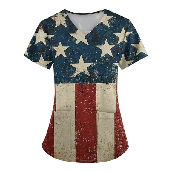 Womens 4Th Of July Tops, Scrubs For Women V Neck Short Sleeve Workwear With Pockets Red White And Royal Blue American Flag Top Petite Scrubs Sets Outfits Tank Tops Tank (L, Khaki) ZMTing