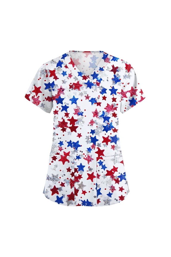 Womens 4Th Of July Tops, Scrubs For Women V Neck Short Sleeve Workwear With Pockets Red White And Royal Blue American Flag Top Tank Fourth Shirts Tank Top Shirts Tops (S, White) ZMTing
