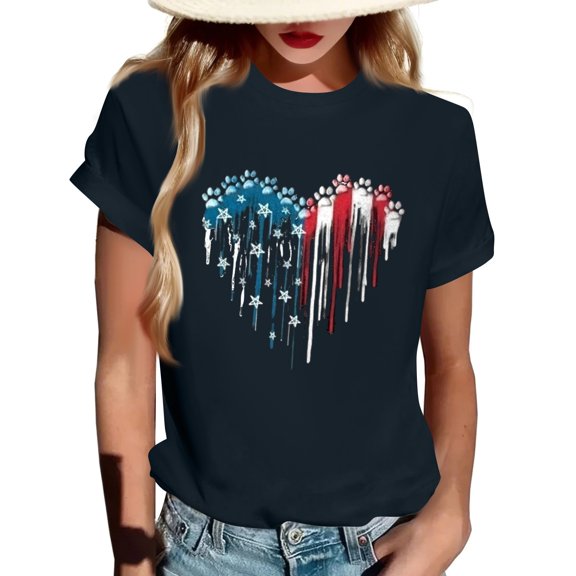 Womens 4Th Of July Tops, Summer Casual Fourth Shirts Short Sleeve Round Neck Pullover Tops American Flag Shirt Usa Outfit Women Red White And Blue Shirts For Tank Top Shirt (M, Navy) ZMTing