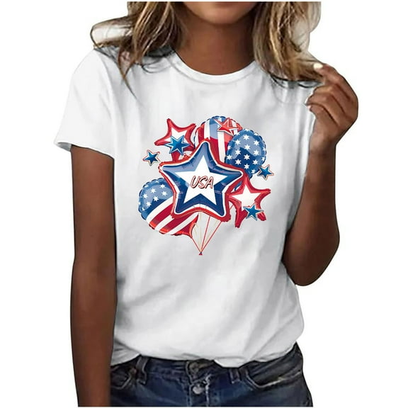 Womens 4Th of July Tops Summer Independence Day Patriotic T-Shirts Scooped Neck Tee Short Sleeve T Shirts USA Flag Star Printed Tunic Blouses Beach Holiday Outfits 2025