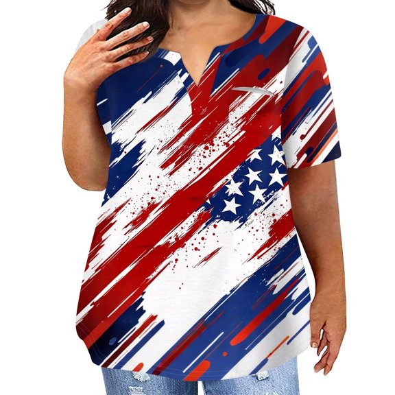 Womens 4Th Of July Tops, Summer Plus Size Tshirt Red White And Royal Blue Casual V Neck Short Sleeve Tops With Pocket Tops Trendy Tops For Women Tops Shirt Outfit (XXL, Vermilion) ZMTing