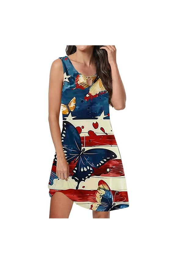 Womens 4Th of July Tank Dress American Flags Sundresses Vacation Short Mini Dress Summer Causal Patriotic Clothing 2025