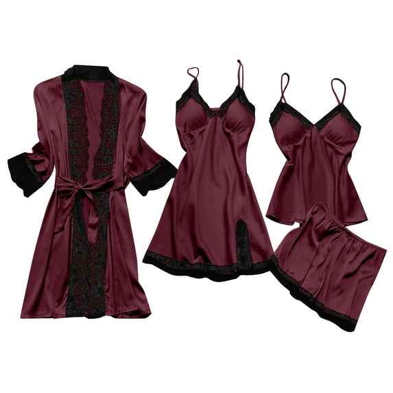 Womens 4pcs Pajamas Set, Soft Silk Satin Sleepwear Lace Trim Nightdress Pj Set with Robe, Comfy Home Loungewear (Large, Wine)