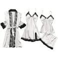 thumbnail image 1 of Womens Pajamas Sets 4Pcs Silk Satin Sleepwear Lace Trim Nightdress with Robe, Plus Size Boudoir Outfits Loungewear (XL, White), 1 of 3