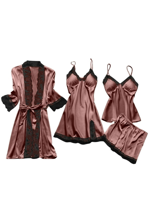 Womens 4pcs Pajamas Set, Soft Silk Satin Sleepwear Lace Trim Nightdress Pj Set with Robe, Comfy Home Loungewear (XX-Large, Brown)