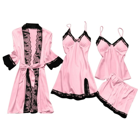 Womens 4pcs Pajamas Set, Soft Silk Satin Sleepwear Lace Trim Nightdress Pj Set with Robe, Comfy Home Loungewear (XX-Large, Pink)
