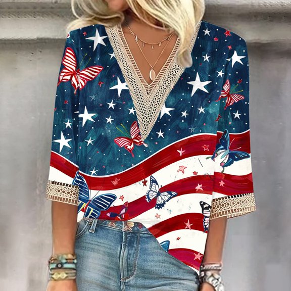 Womens 4th of July Blouse Womens 4th of July Shirts Red White and Blue Shirt Womens Independence Day Womens Shirts Fashion Women's Summer V-Neck 3/4 Sleeve Lace Print Casual T-Shirt Blouse