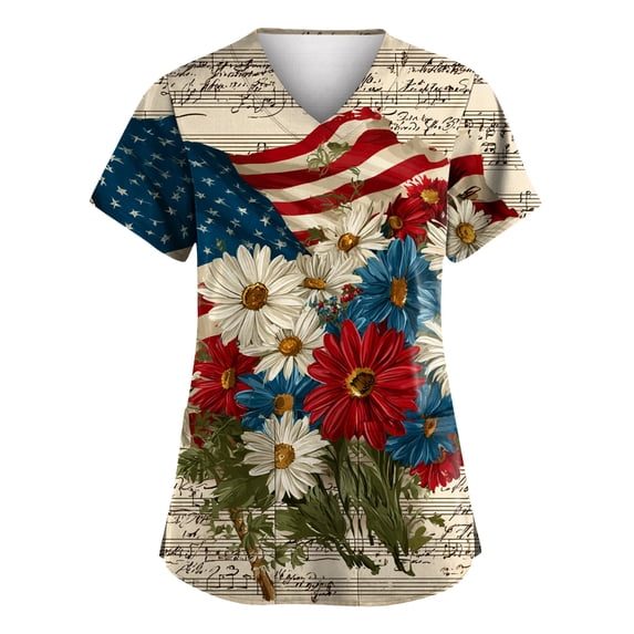 Womens 4th of July Scrub Tops Casual V Neck Red White and Blue Print Scrub Shirts Short Sleeve USA 250th Anniversary Patriotic Scrubs Nursing Uniform Medical Nurse Workwear with Pockets Khaki S