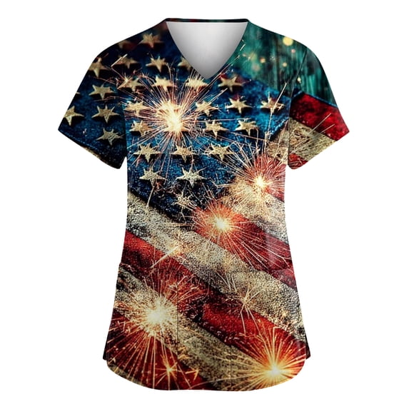 Womens 4th of July Scrub Tops Loose Short Sleeve American Flag Print Scrubs V Neck USA 250th Anniversary Patriotic Scrub Shirts Nursing Uniform Medical Nurse Workwear with Pockets Blue 5XL