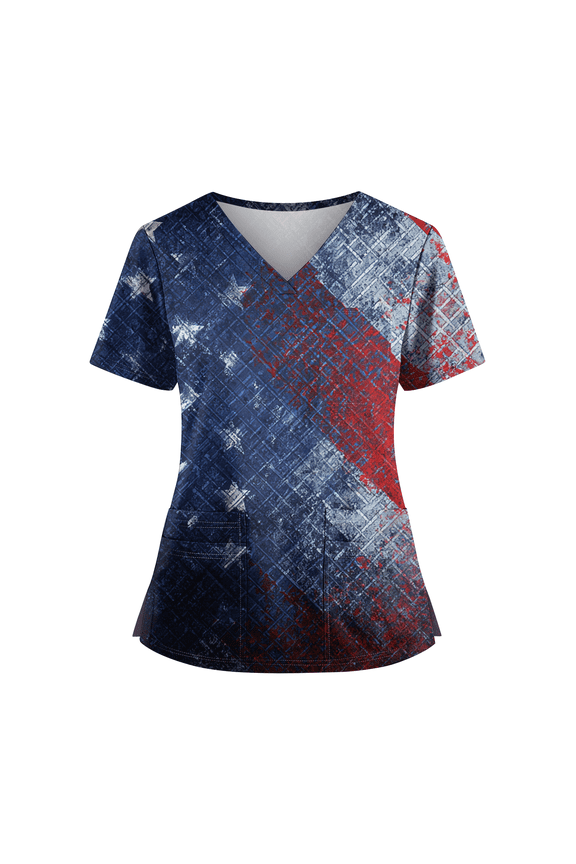 Womens 4th of July Scrub Tops Loose V Neck American Flag Print Scrub Shirts Short Sleeve USA 250th Anniversary Patriotic Scrubs Medical Nurse Uniform Nursing Workwear with Pockets Navy L