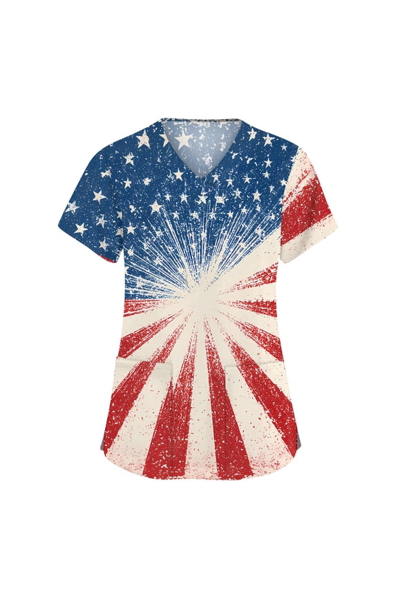Womens 4th of July Scrub Tops Loose V Neck Red White and Blue Print Scrubs Short Sleeve Independence Day Patriotic Scrub Shirts Medical Nurse Uniform Nursing Workwear with Pockets Blue 3XL
