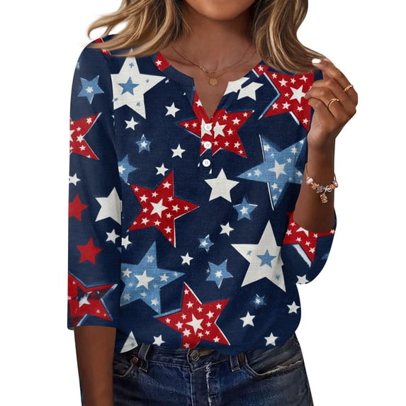 Womens 4th of July Shirts 3/4 Sleeve Tshirts Casual American Flag Print Tops Independence Day Patriotic Pullover USA 250th Anniversary Celebration Party V Neck Blouses Dark Blue 3XL