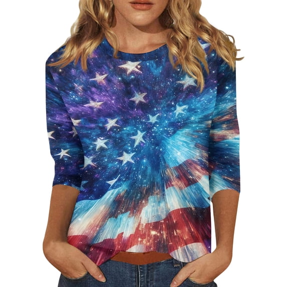 Womens 4th of July Shirts 3/4 Sleeve Tshirts Loose USA Flag Print Pullover USA 250th Anniversary Celebration Party Tops Independence Day Patriotic Round Neck 1776-2026 Blouses Royal Blue L