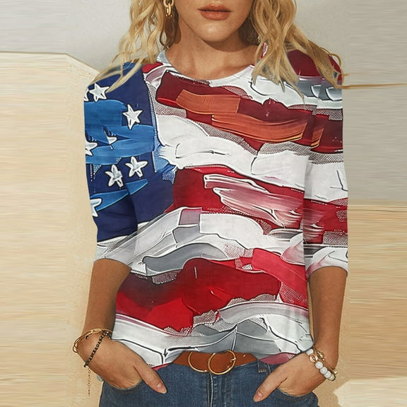 Womens 4th of July Shirts Memorial Day Blouse for Women Fourth of July T Shirt Womens American Flag Tops Patriotic Tee Printed Round Neck Three Quarter Sleeve 3/4 Sleeve T-Shirt Loose Top
