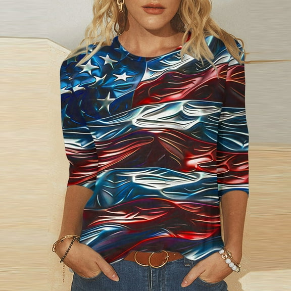 Womens 4th of July Shirts Memorial Day Blouse for Women Fourth of July T Shirt Womens American Flag Tops Patriotic Tee Printed Round Neck Three Quarter Sleeve 3/4 Sleeve T-Shirt Loose Top