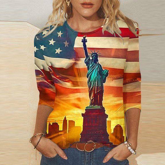 Womens 4th of July Shirts Memorial Day Blouse for Women Fourth of July T Shirt Womens American Flag Tops Patriotic Tee Printed Round Neck Three Quarter Sleeve 3/4 Sleeve T-Shirt Loose Top