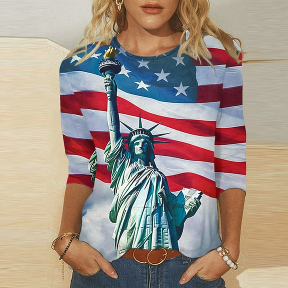 Womens 4th of July Shirts Memorial Day Blouse for Women Fourth of July T Shirt Womens American Flag Tops Patriotic Tee Printed Round Neck Three Quarter Sleeve 3/4 Sleeve T-Shirt Loose Top