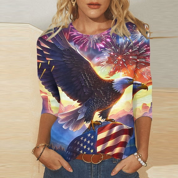 Womens 4th of July Shirts Memorial Day Blouse for Women Fourth of July T Shirt Womens American Flag Tops Patriotic Tee Printed Round Neck Three Quarter Sleeve 3/4 Sleeve T-Shirt Loose Top